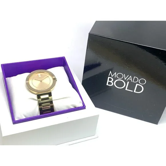 Movado Women's Watch 3600498 Bold Gold Dial Swiss Quartz Steel Band 34mm
